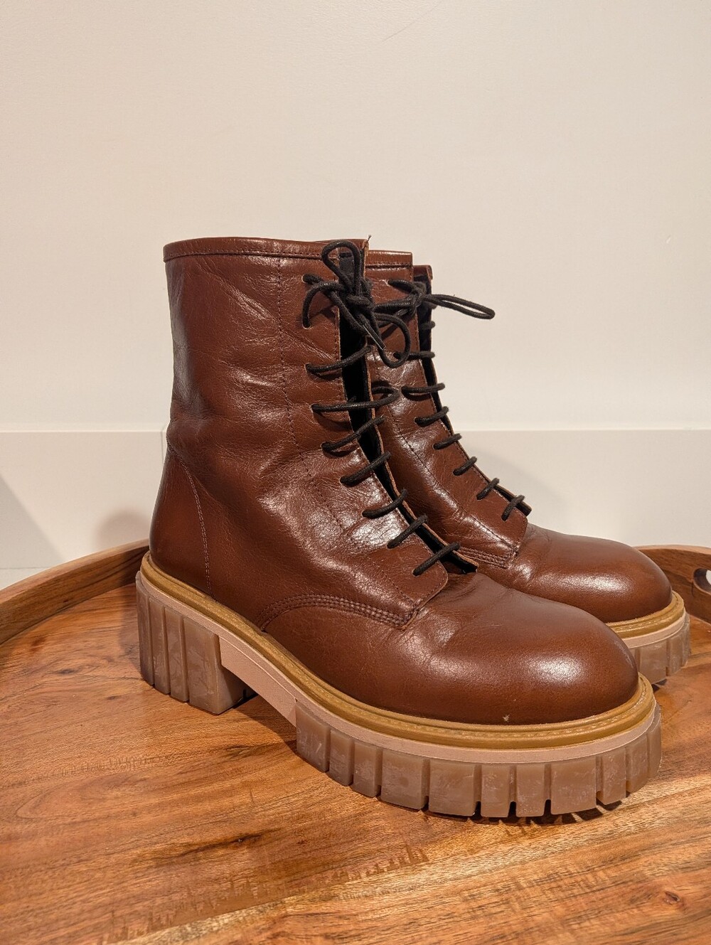 L'INTERVALLE Brown Leather Chunky Platform Combat Lace-Up Boots 39